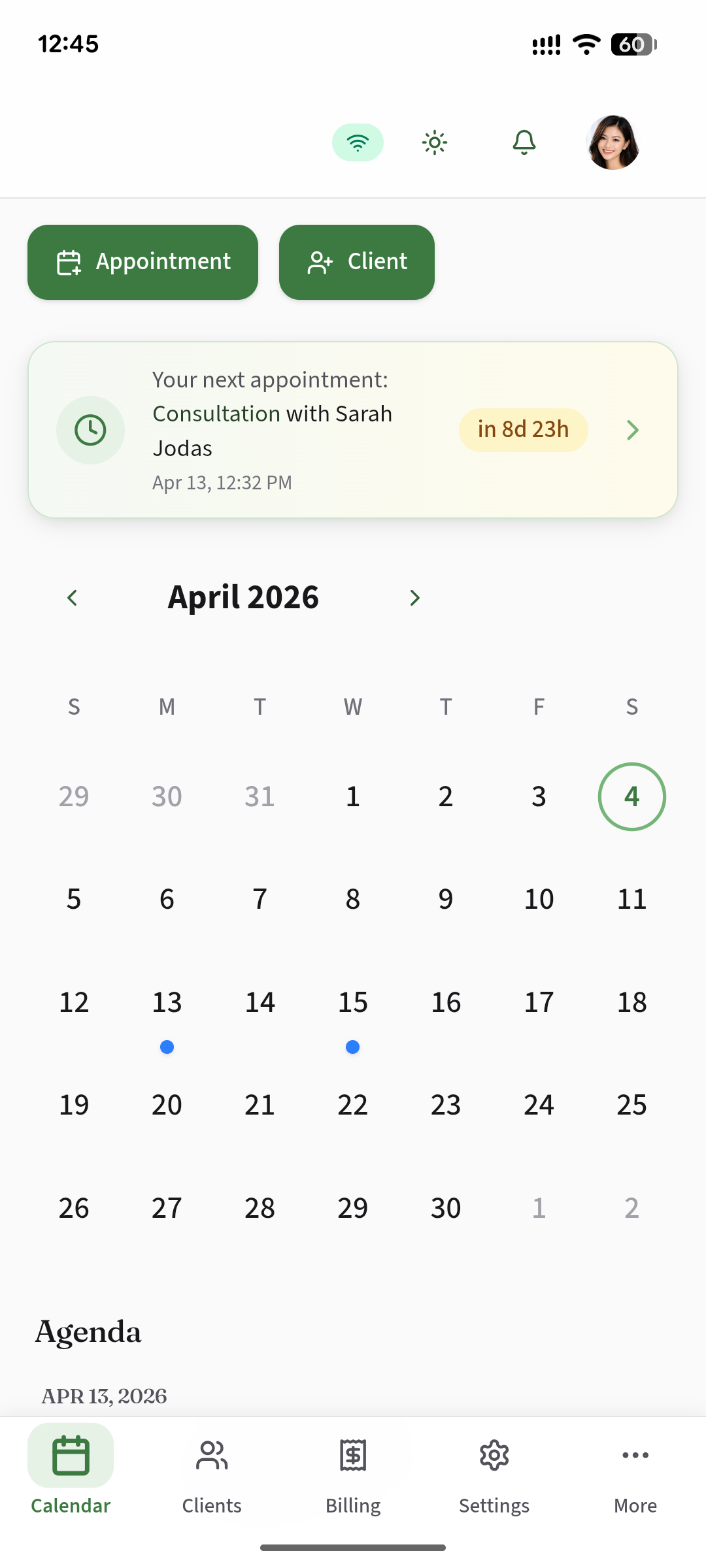 BirthPath calendar view showing appointments and monthly schedule