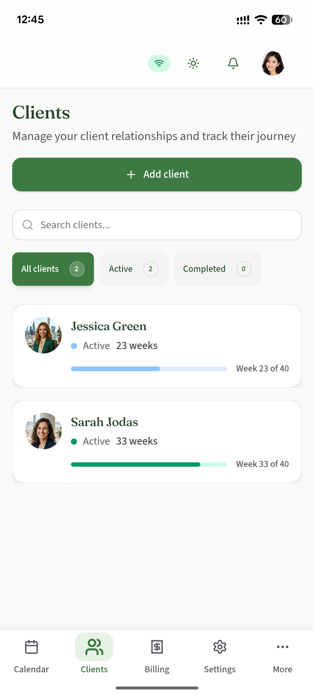 BirthPath client management view showing client list with pregnancy progress